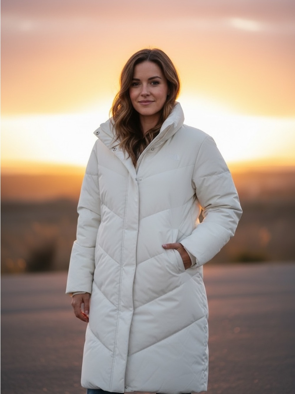 Long Cream Puffer Coat with High Collar